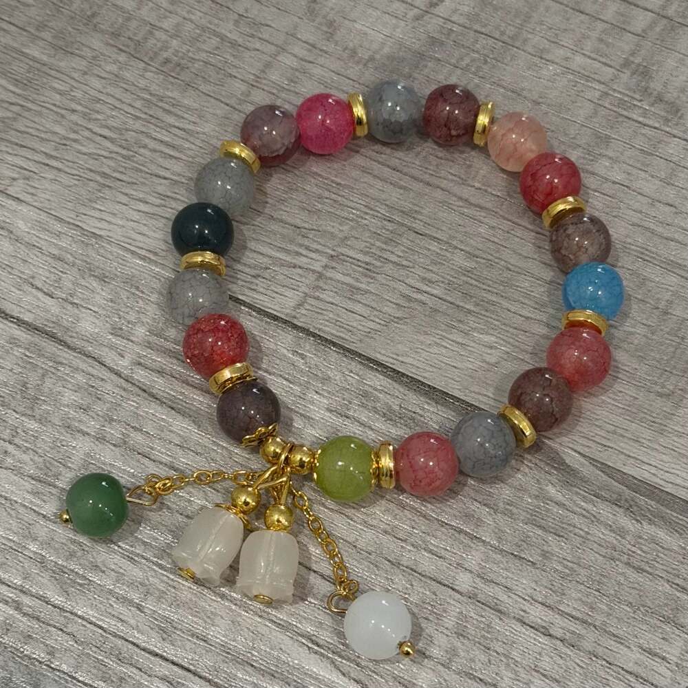 Colorful Agate Bead Stretch Bracelet with Lily Flower Charms